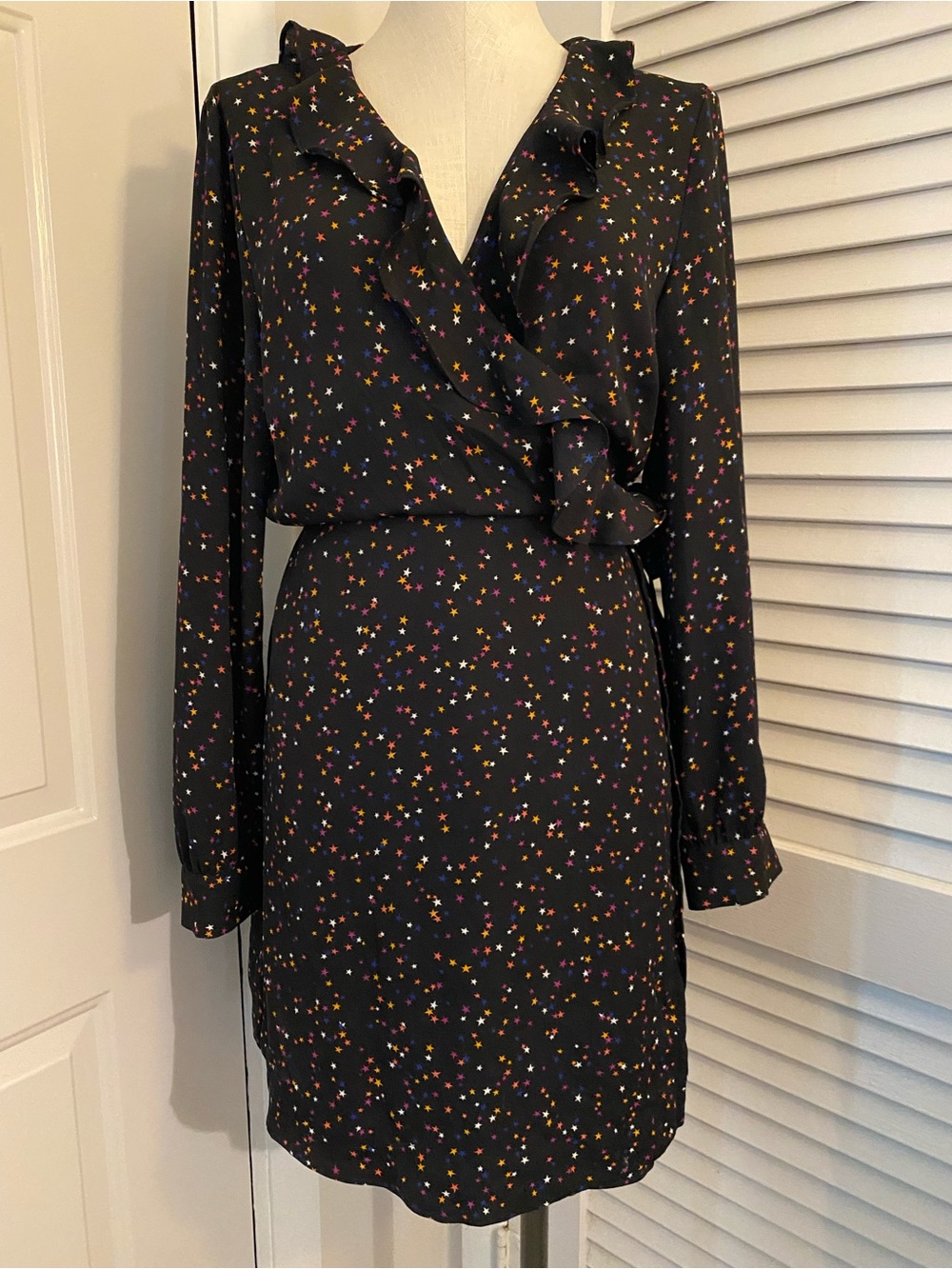 POPSUGAR Black Star-Print Ruffle Wrap Long-Sleeve Dress- Size XL